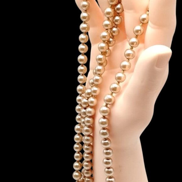 Vintage Long Champagne Faux Pearl Necklace Heavy Hand Knotted Single Strand Bead - Picture 16 of 16